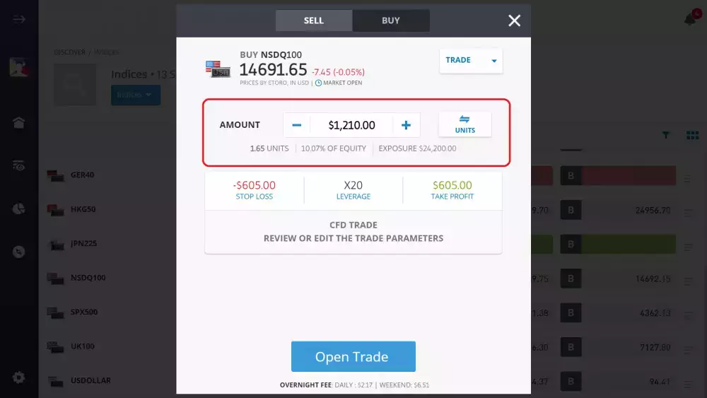 Entering amount to invest on Nasdaq-100 via eToro